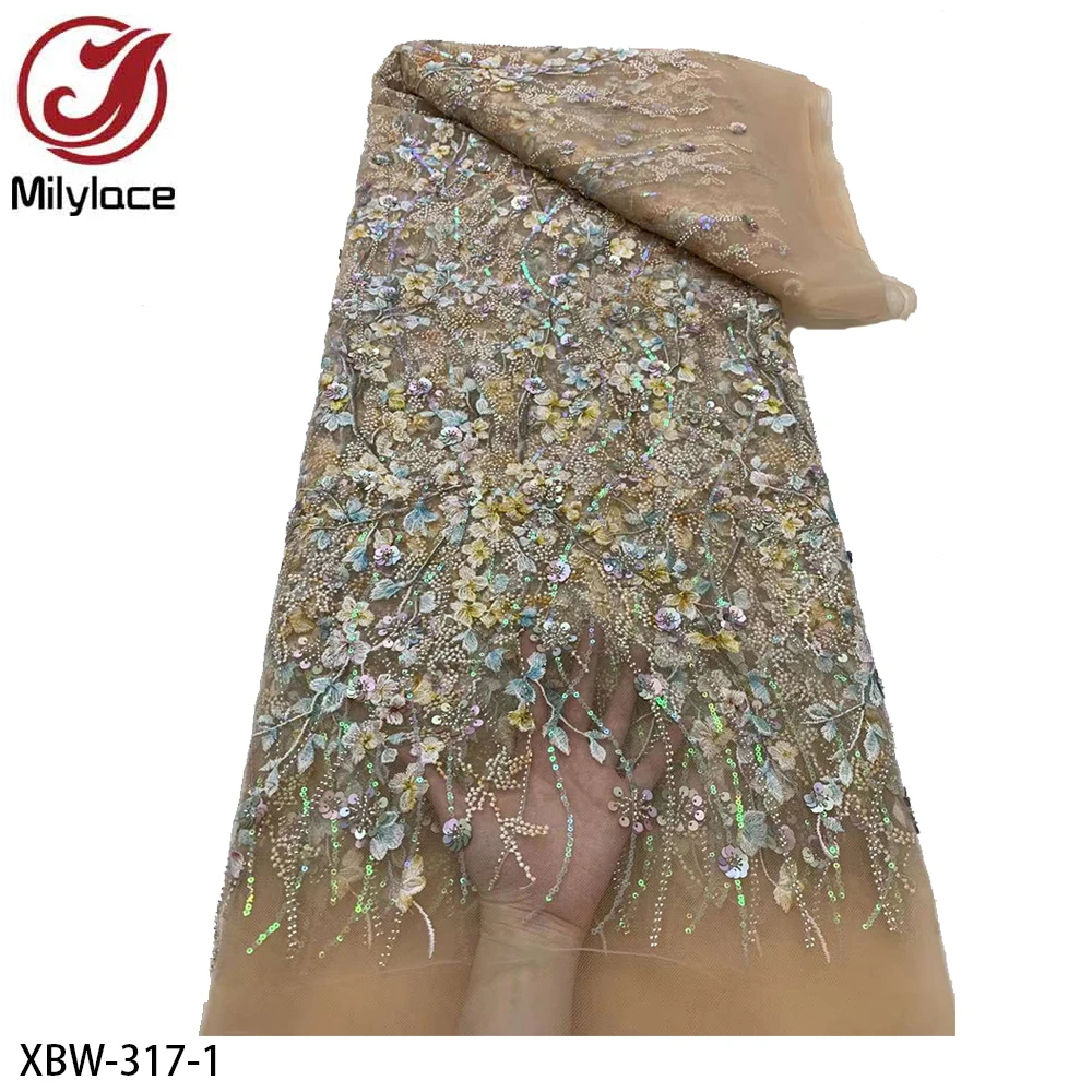 

African Sequins Lace Fabric High Quality Groom Embroidery Beaded French Tulle Lace Material for Wedding Dress XBW-317