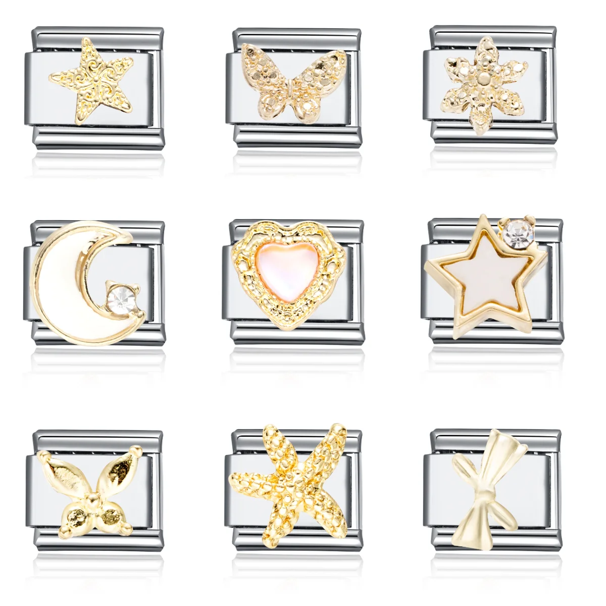 

New Fashion Exquisite Heart Star Pattern Sparking Gold Color Italian Link Bracelet Stainless Steel Jewelry DIY Making