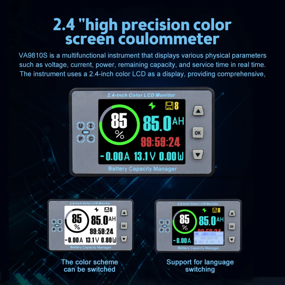 VA9810 2.4 cal kolorowy wyświetlacz LCD baterii Tester pojemności detektor napięcie prądu miernik mocy samochód elektryczny Coulometer DC8-100V 100A