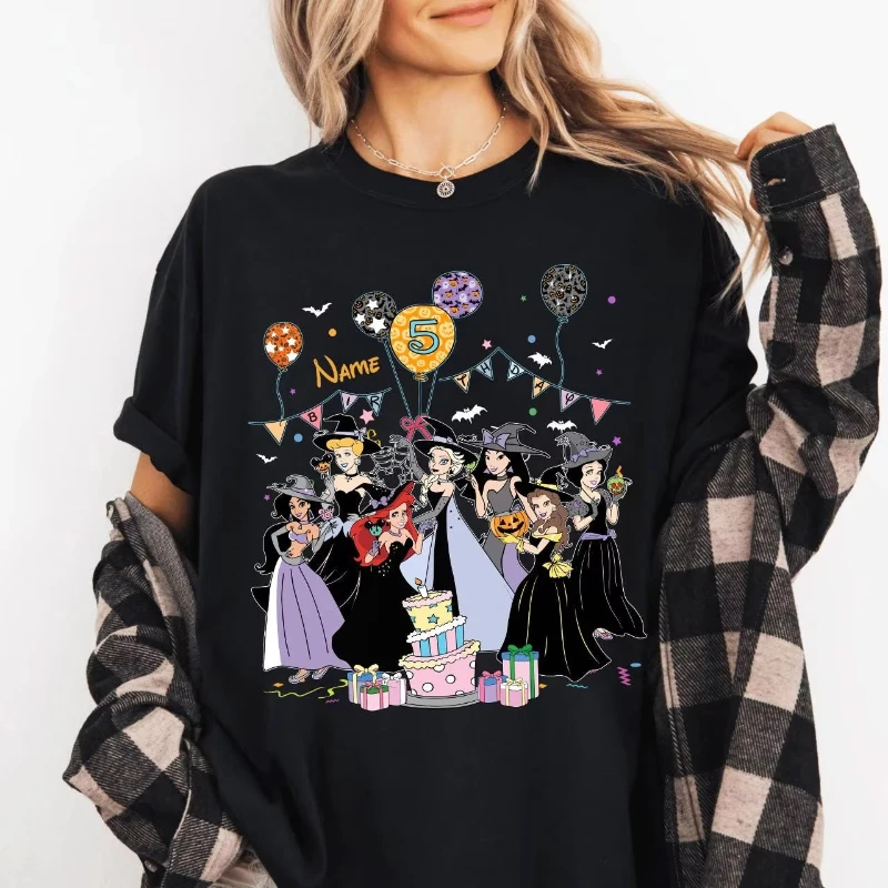 قميص عيد ميلاد أميرات ديزني للهالوين، هدية عيد ميلاد آرييل إل سارة بونزيل بيل، تي شيرت نسائي #1