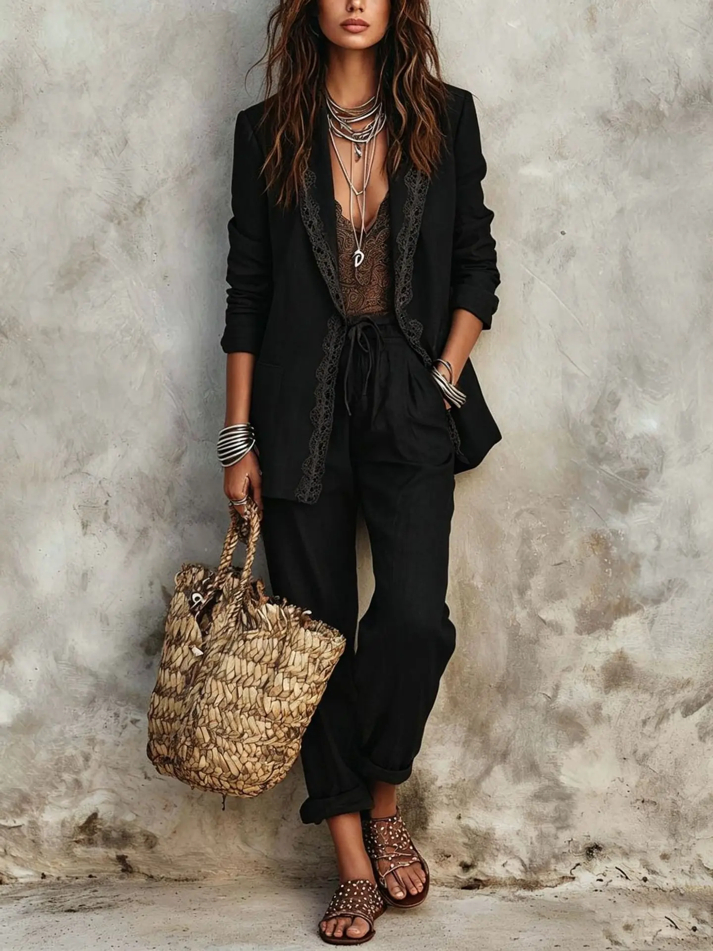 Casual Blazer Two Piece Set Women Outfits Autumn Fashion Elegant Loose Lace Splice Long Sleeve Jacket with Wide Leg Pants Suits view 5