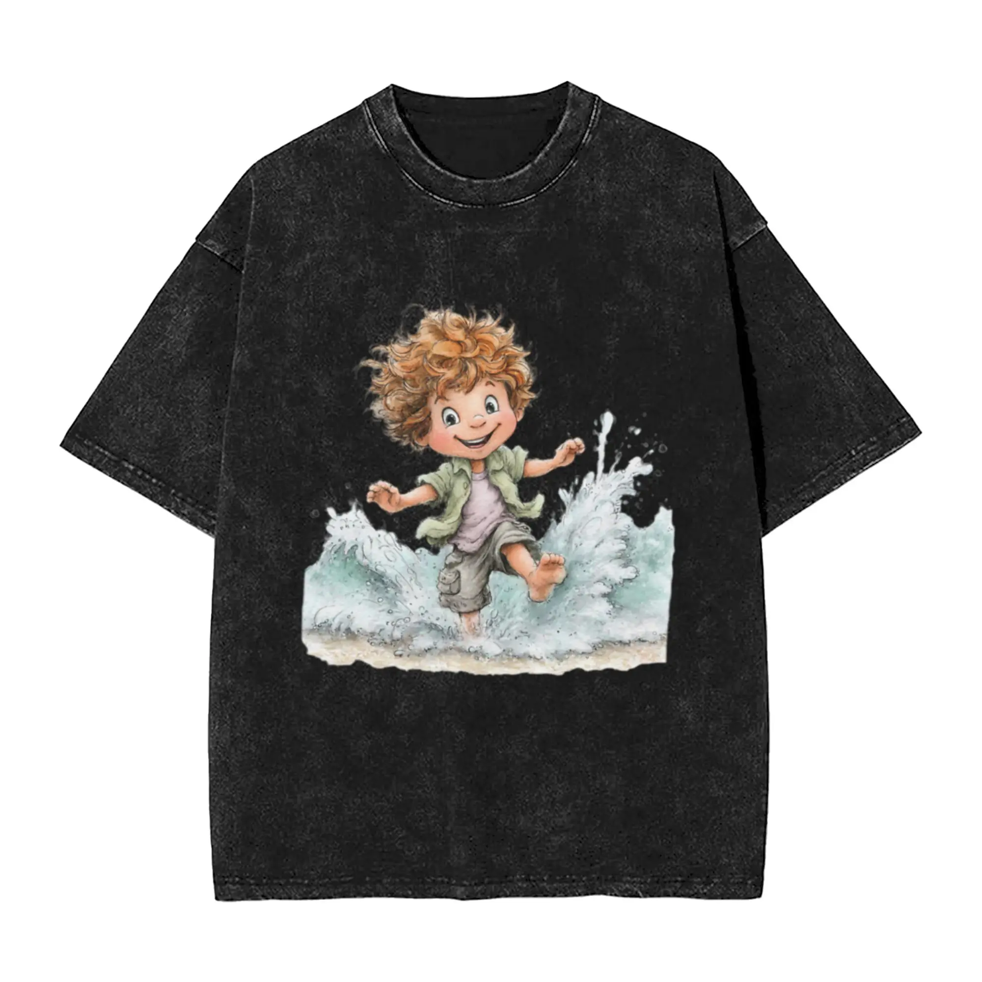 Cute happy boy at the seaside - whimsical design Unique Cool A T-Shirt Oversized Short Sleeve Men's Women's Cotton Tees Tops