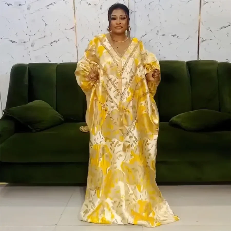 Gaun ukuran Plus untuk wanita Afrika elegan lengan setengah leher V gaun Maxi panjang poliester gaun Abaya Kaftan Muslim