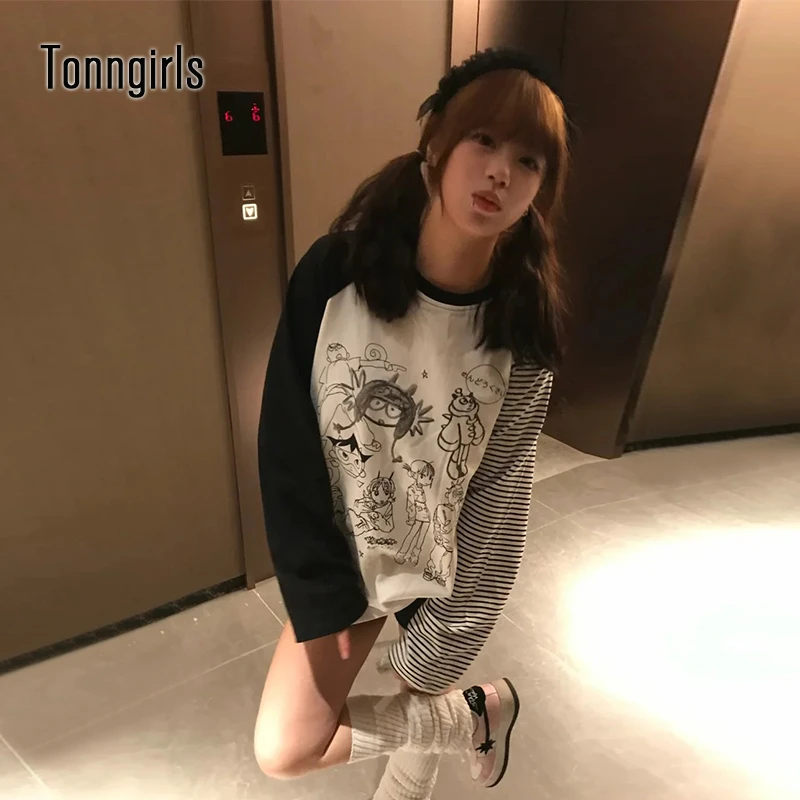 

Tonngirls Y2k японская футболка женские лоскутные топы с граффити и графическим принтом американские ретро топы в стиле гранж футболки в полоску E-girls