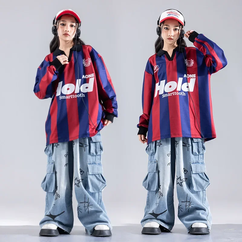 Jungen Hip Hop Streifen Sweatshirt Jogger Hosen Mädchen Lose Streetwear Kinder Kleidung Sets Kinder Jazz Street Dance K-pop Kostüme