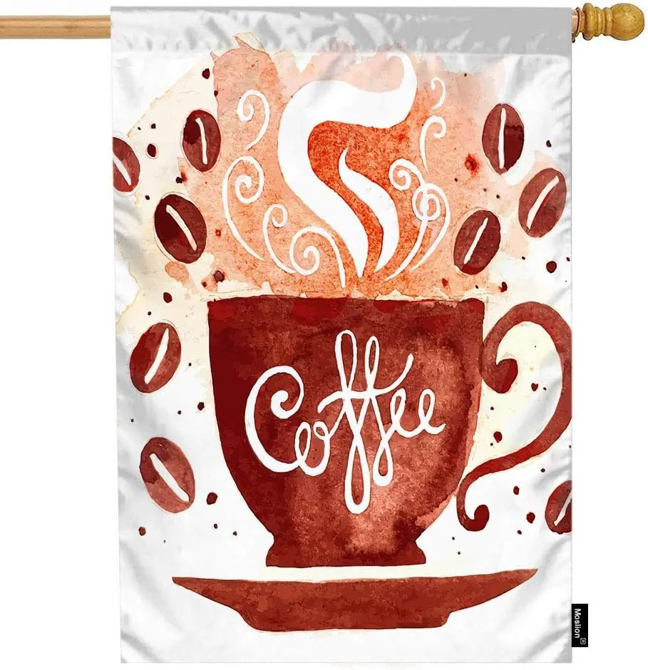 Coffee House Flag Watercolor Coffee Cup with Smoke Doodle Caffeine Coco Beans Garden Flags 28x40 Inch Double-Sided Banner Welcom