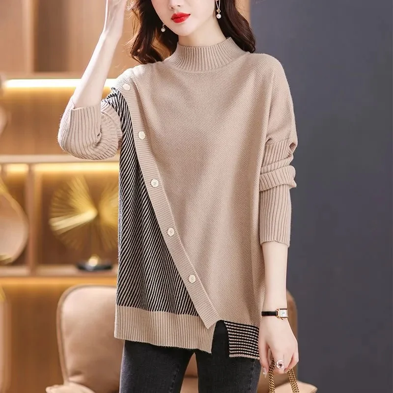 Half High Collar Sweater Women Knitted Pullovers Korean Loose Splicing Mid Long Bottoming Shirt Ladies Knit Tops Autumn Winter