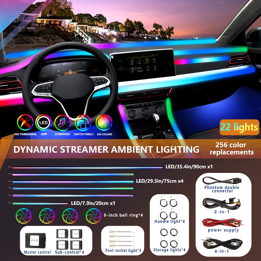 High-End Car LED Modificação Interior, Hidden Acrílico Atmosfera Mágica Luzes, Suporte Música Ritmo, Controle APP DIY, 256 Cores