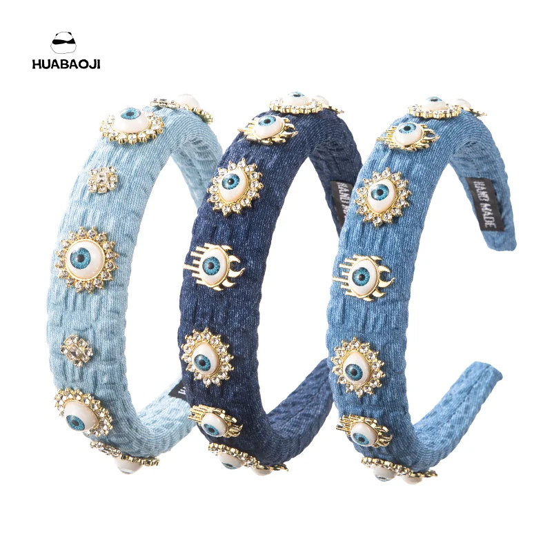 Funny Baroque Devil Eyes Hairbands For Women Girl Diamond Sponge Wide Edge Denim Headbands Hair Hoop Headwear