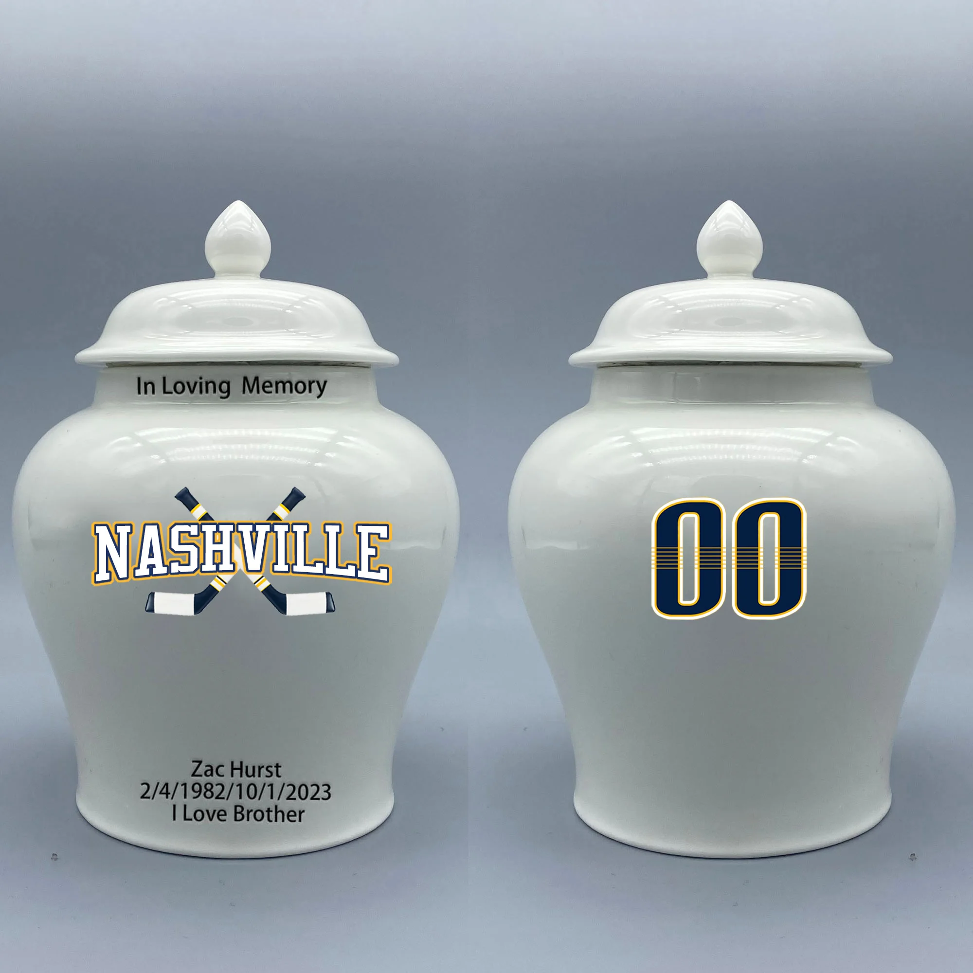 

Medium Urn for Nashville Predators-themed Hockey Urn.Please send me the customize information-name/date and number on the urn