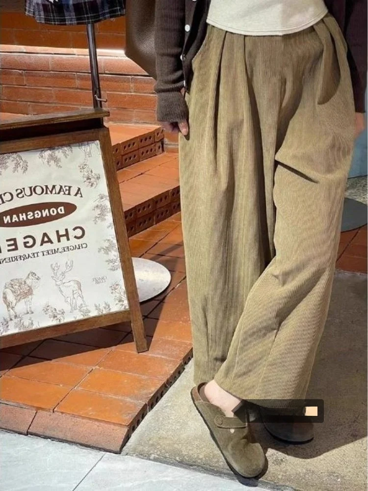 

Ретро-японские вельветовые брюки с широкими штанинами, женские, свободного кроя, повседневные, в стиле кэжуал, укороченные (до щиколотки), весна 2026, новинка