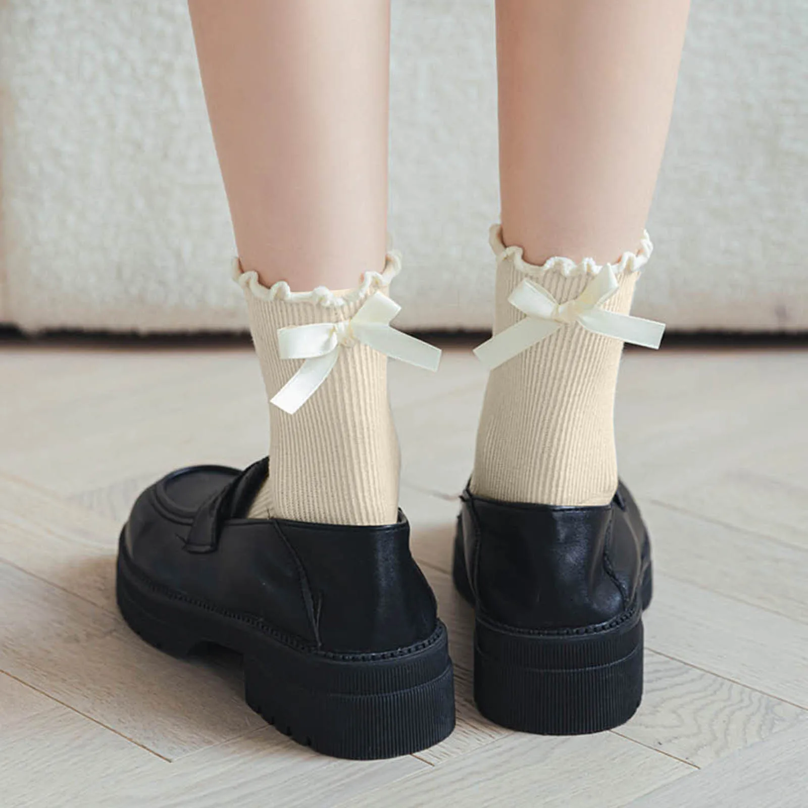 Women Bow Socks Ruffled Casual Round Neck Socks Soild Color Soft Breathable Lace Stockings Filled Stockings