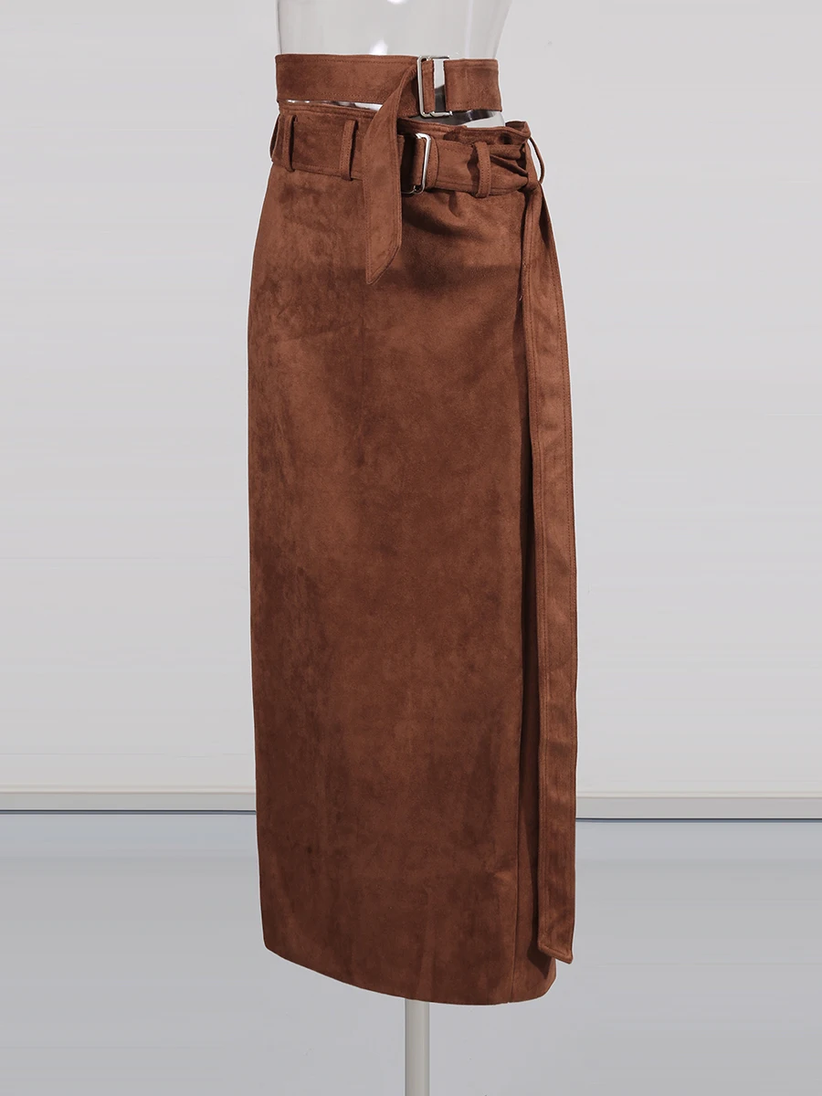 CHICEVER marron épissé ceintures Chic jupe femme taille haute ample fille chaude Streetwear femmes jupes longues automne Style mode