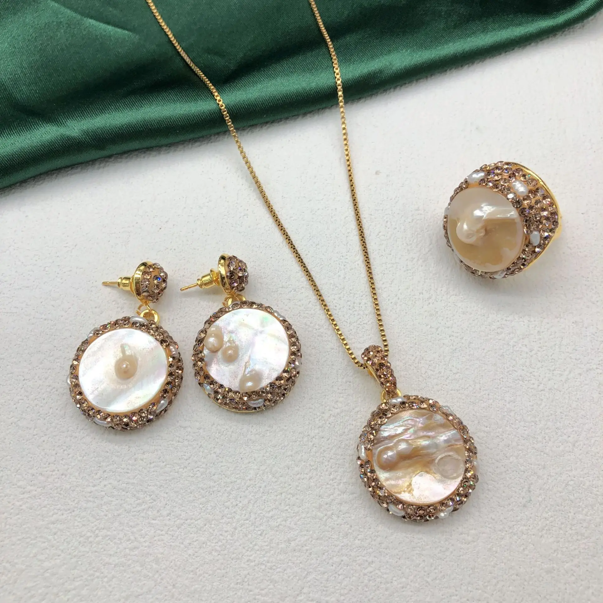 

Natural Freshwater Pearl Pendant Necklace Ring Earrings Set Cubic Zirconia Jewelry Sets Fashion Women Gifts Choker Collar Gifts