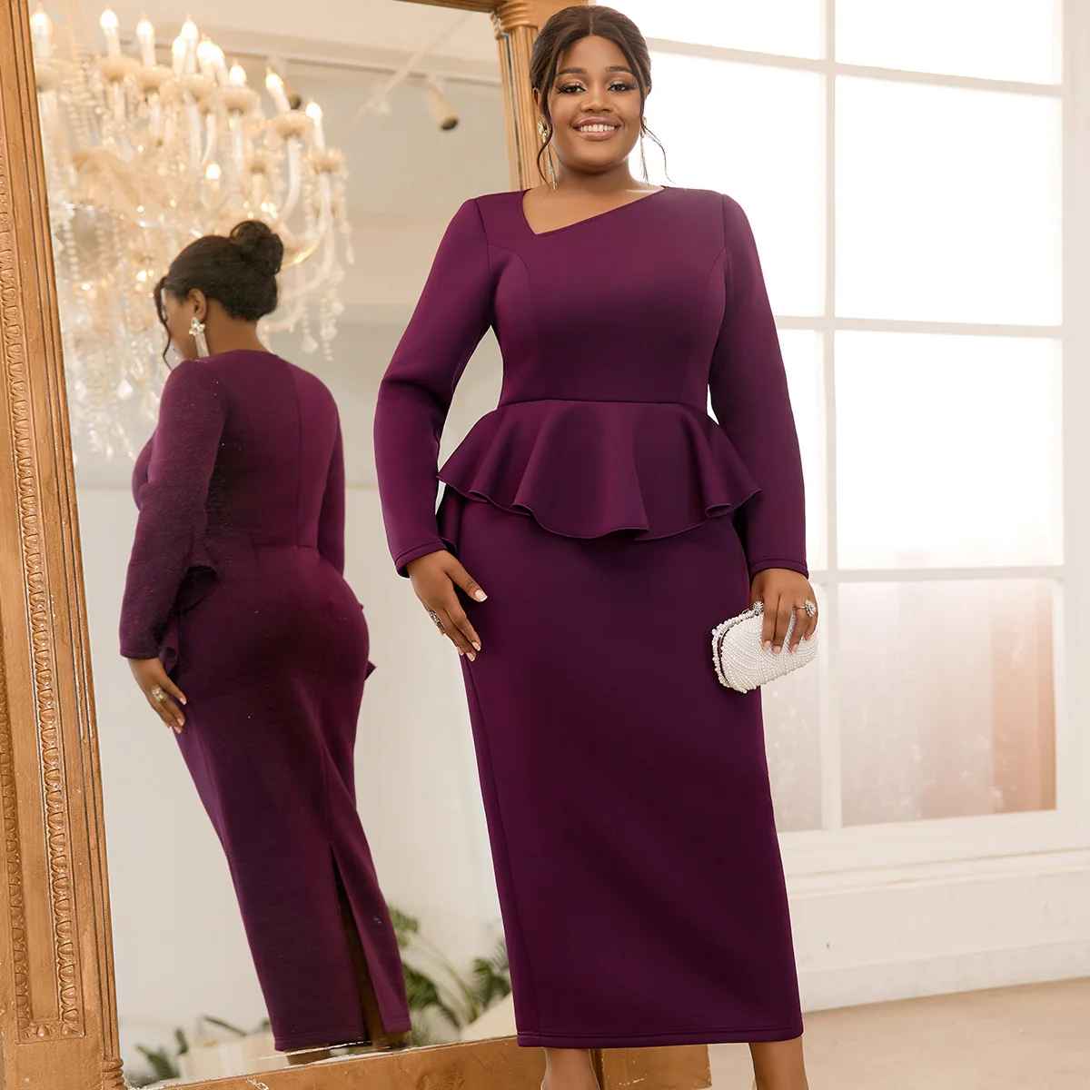 Purple Midi Long Dresses Irregular Neck Long Sleeve High Waist Peplum Package Hip Church Birthday Cocktail Party Gowns for Women