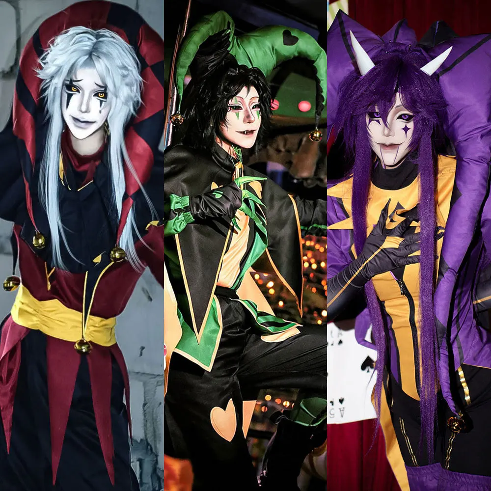 Disfraz de Payaso Pierrot, Arlequín, Traje de Cosplay, Uniforme Morado, Rojo y Verde, con Sombrero, para Hombre y Mujer, para Halloween y Navidad