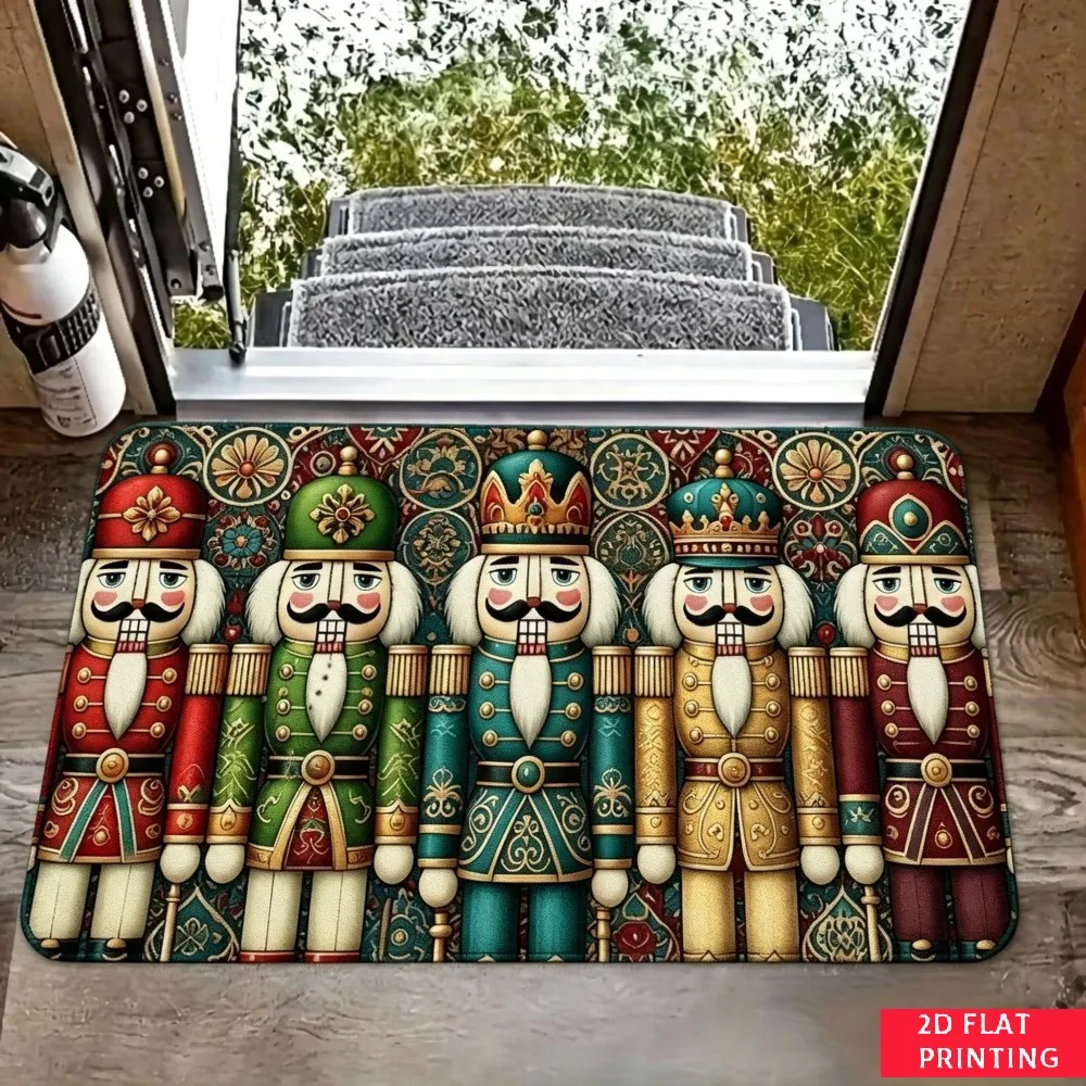 Nutcracker Soldier Holiday Mat Colorful Uniform Ornate Background Print Non Slip Indoor Entrance Rug For Classic Christmas Decor
