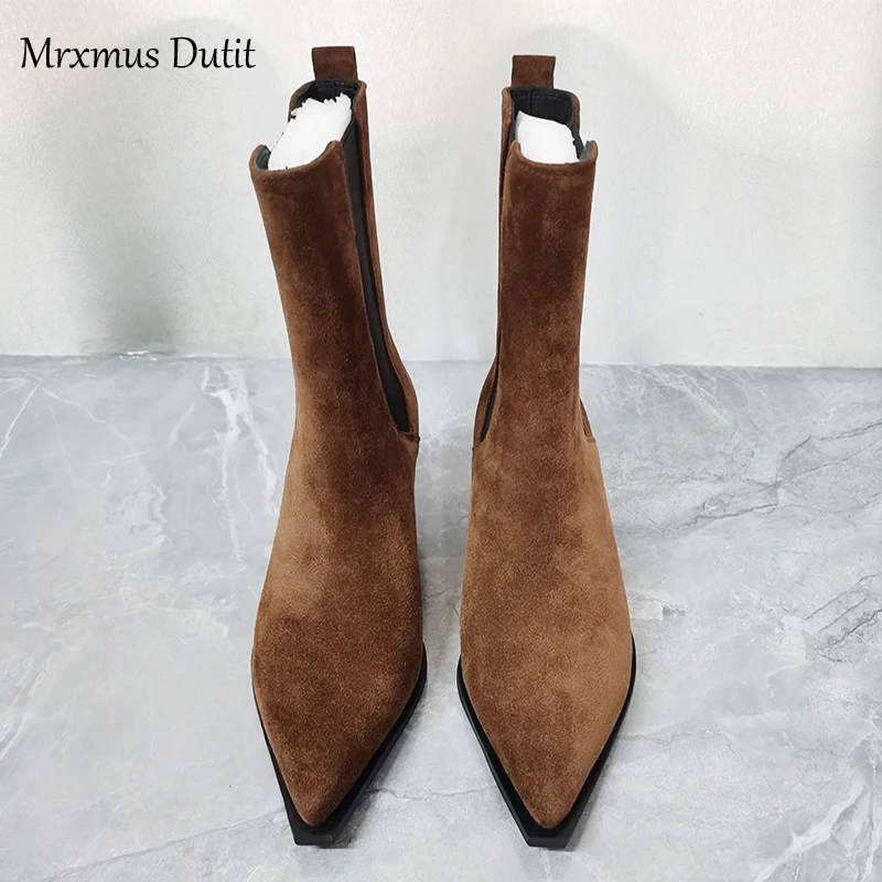 Mrxmus Dutit 2024 Autumn Winter Fashion New Women Genuine Leather Boots Rough Heel Pointed Head Simple Casual Vintage Female