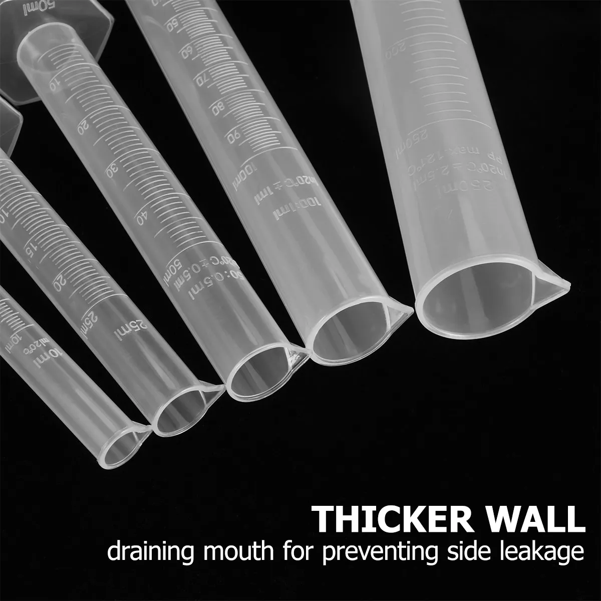 

Набор из 5 пластиковых мерных цилиндров с градуировкой, 10 мл, 25 мл, 50 мл, 100 мл, 250 мл, с широким горлышком и носиком для заливки, не оставляющим следов