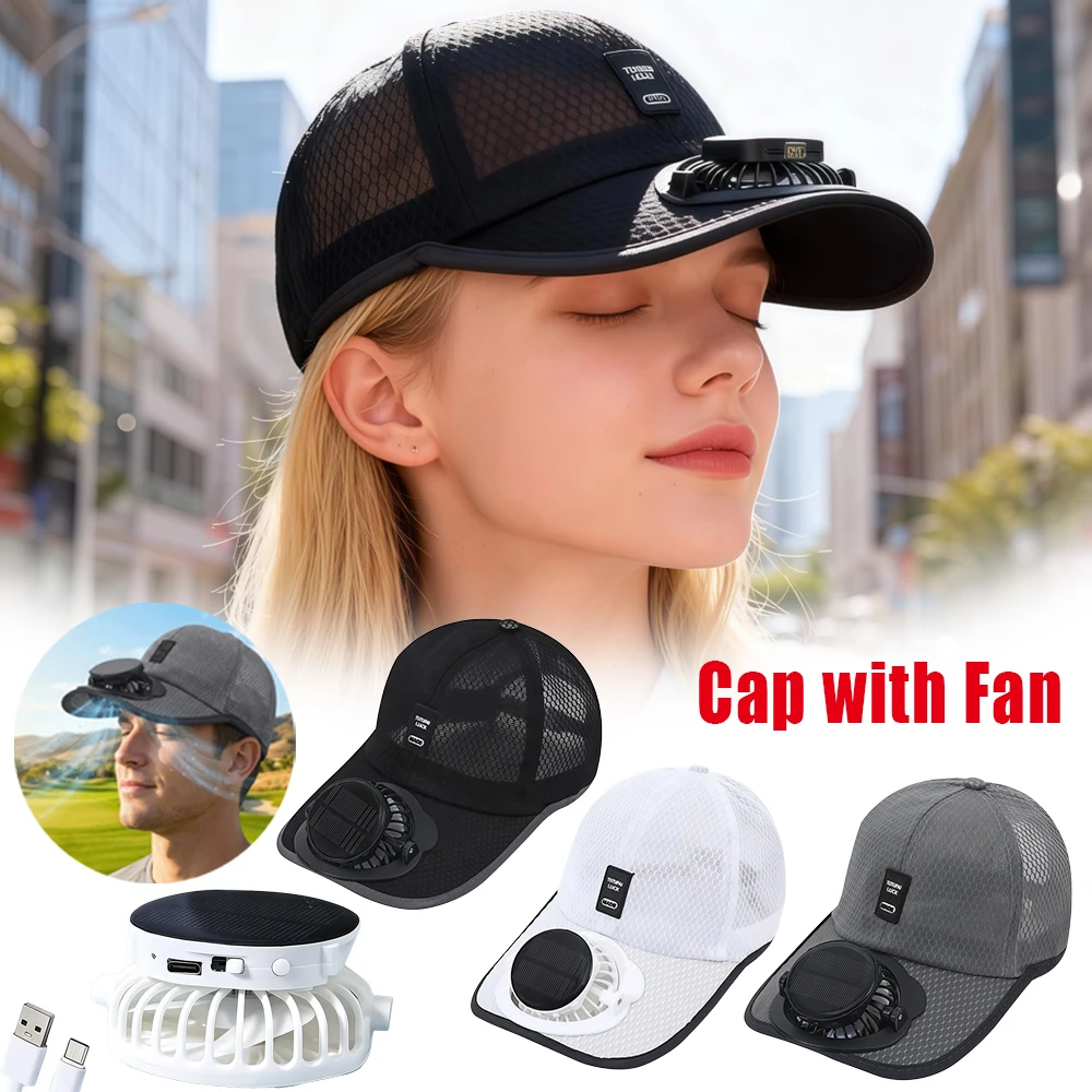 Solar Rechargeable Sun Visors Hat with 3-Speed Quiet Fan, USB Powered Solar Fan Cap, Breathable Mesh Cooling Hat Summer Outdoors