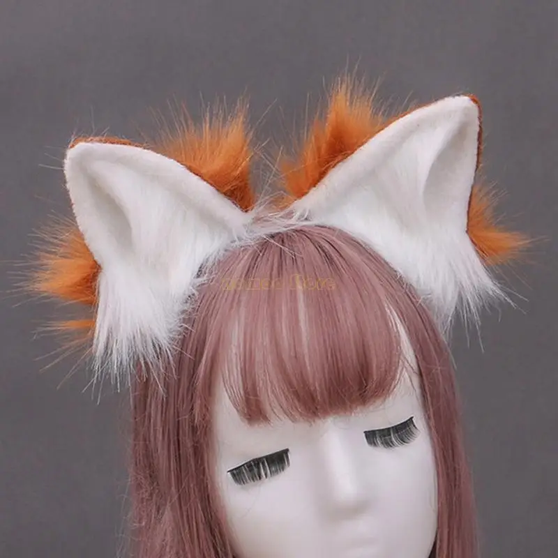 31BF Contrast Color Faux Fur Wolf Ears Headband Simulation Animal Hair Hoop