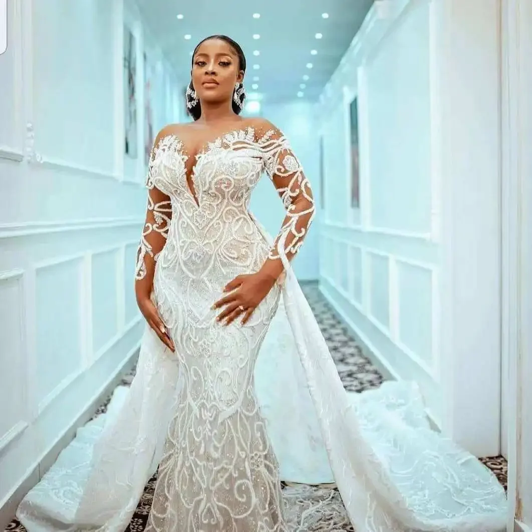 Customized African Bride Detachable Mermaid Lace Long Sleeve Customization Wedding Dress