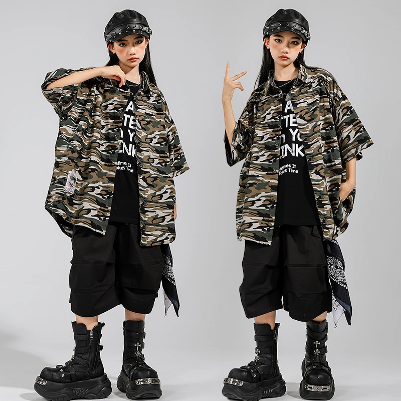 Jungen Hip Hop Camouflage Mantel Cargo-Shorts Mädchen K-pop Street Dance Kleidung Kinder Military Streetwear Kinder Jazz Kleidung Set