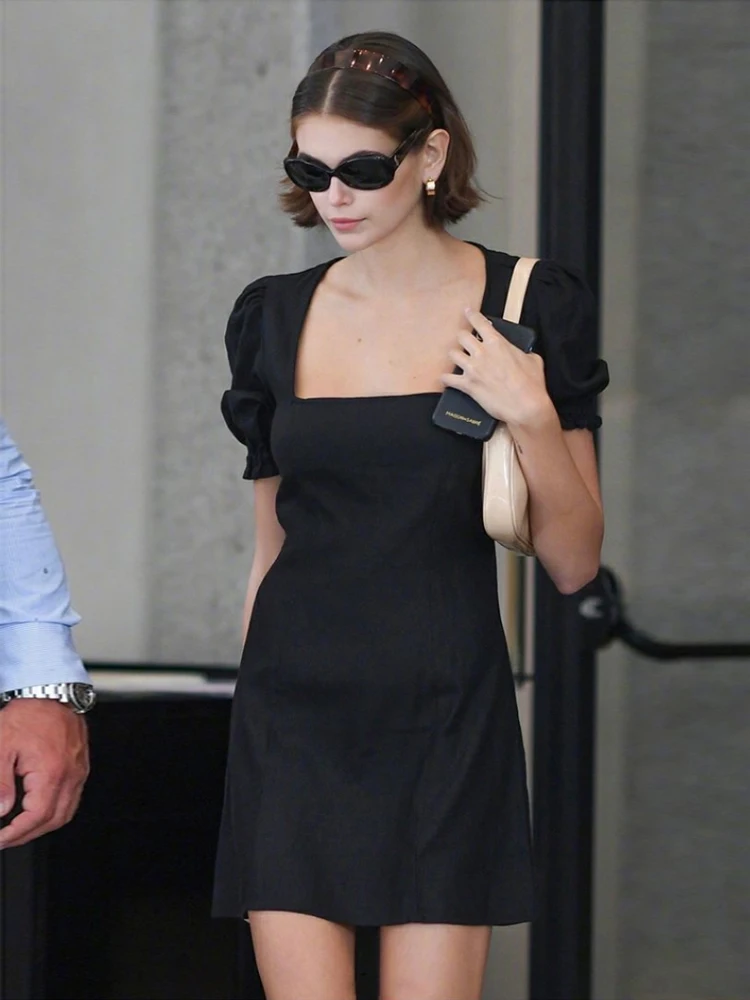 

Black Bubble Sleeve Short Dress Square Collar Skirt Summer New Style A-Line Dress High Waist Polyester Fiber Commute Style