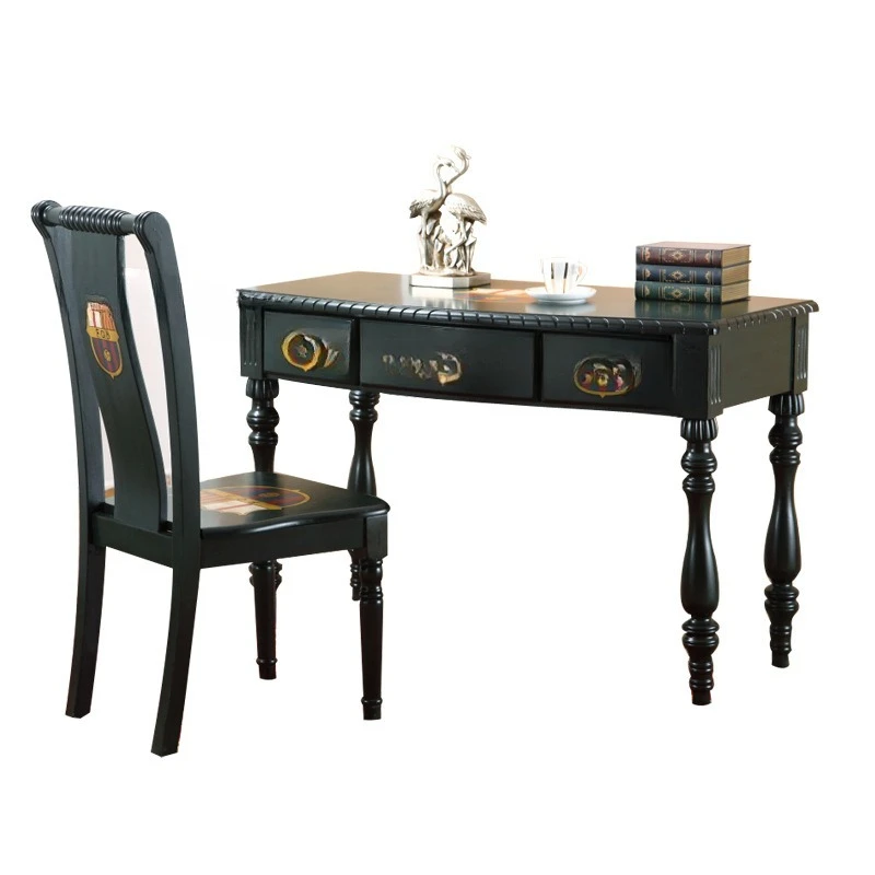 

Solid wood computer desk chair combination retro old dark green European writing desk