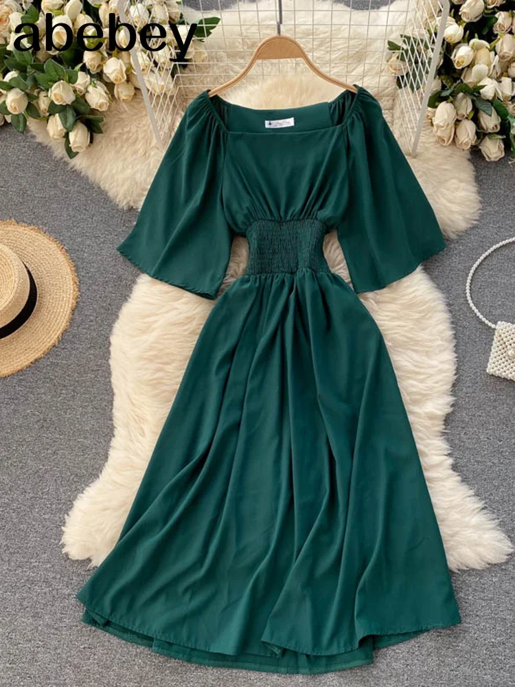 Korean Sweet Solid Women Square Collar Flying Sleeve Ruffle A-line Dresses Summer Boho  Chiffon Midi Dress