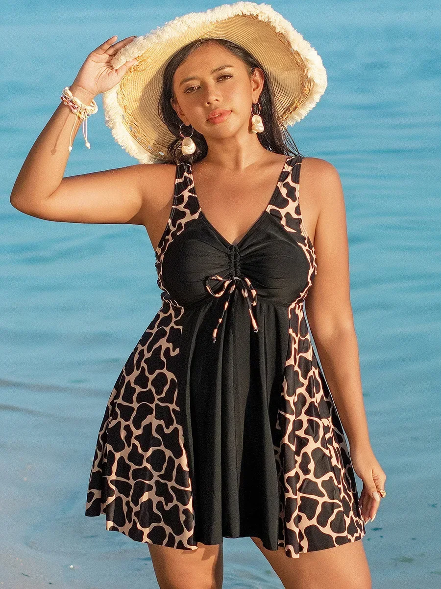 

Oversize Bikini for Women Print Patchwork Dress Split Swimsuit V-neck Suspender Backless Beach Vacation Swimwear 2025 Summer New