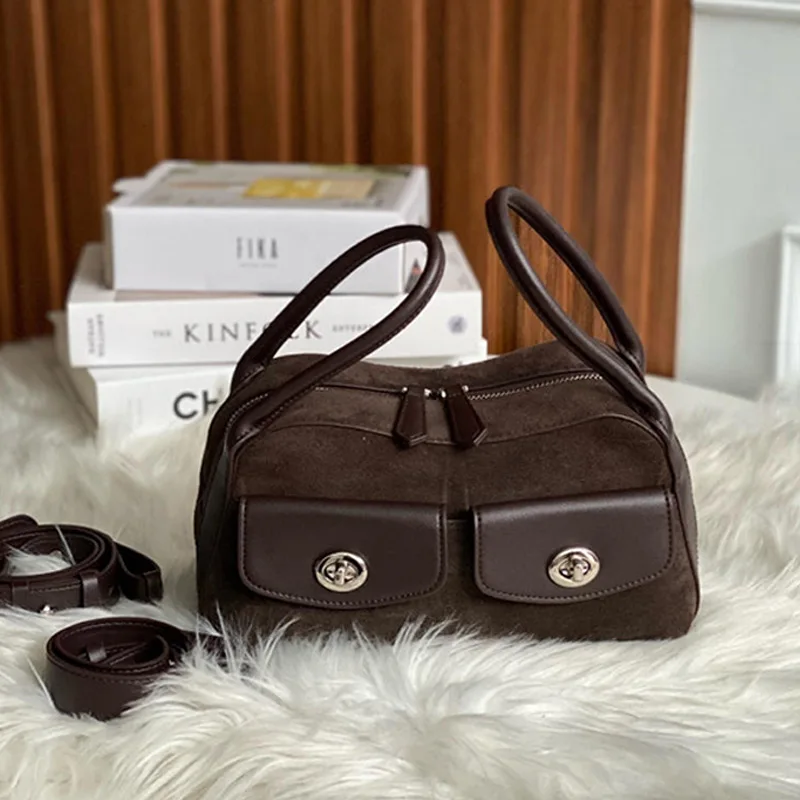 

Boston Women's Suede Cow Genuine Leather Shoulder Bags Ladies Soft Cowhide Crossbody Bag Designer Luxury Lazy Commuting Handbag