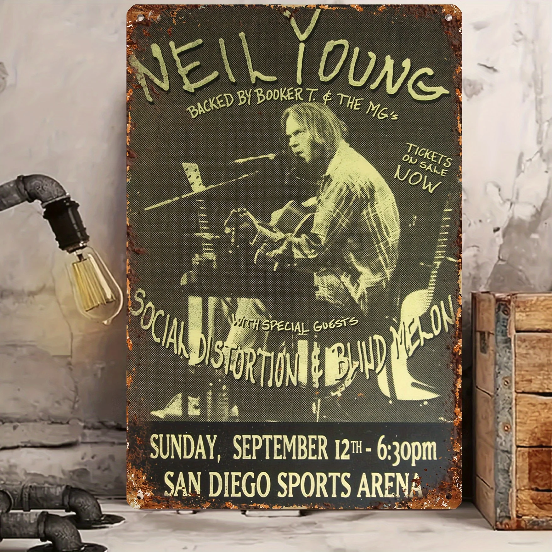 Vintage Neil Young Concert Metal Sign -  Rustic Wall Art with Social Distortion,Blinde Meleon Design, Durable Indoor/Outdoor Far