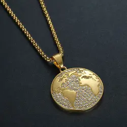 Megin D Stainless Steel Titanium Zircon World Map Round Pendant Hip Hop Collar Chains Necklace for Men Women Couple Gift Jewelry