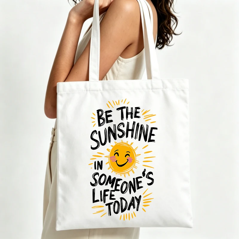 sunshine graphic canvas tote bag with slogan print, perfect for daily casual outings and summer shopping