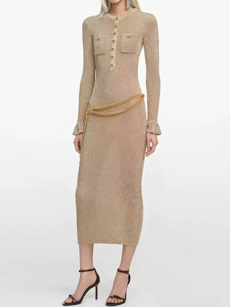 الخريف الشتاء أزياء الخصر سلسلة تصميم طويل الأكمام Bodycon اللباس المرأة أنيقة تمتد ضئيلة رداء Ladie