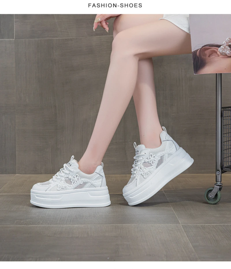 Womens White Mesh Platform Sneakers Breathable Thick Sole Casual Shoes With Flower Embroidery Lightweight Non Slip For Summer Da
