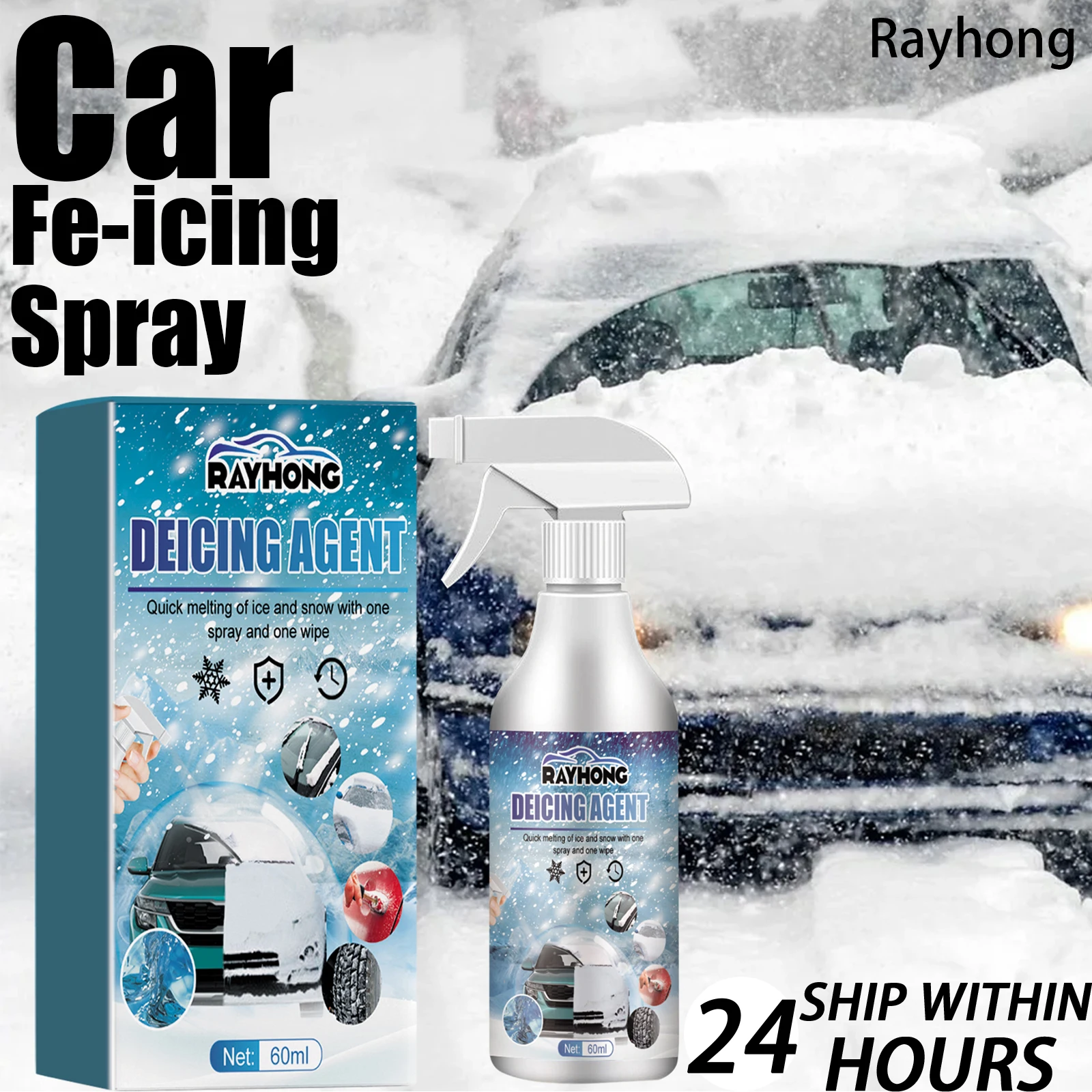 

Rayhong Quick Melt Windshield Deicer Spray 60ML Instant Ice Melter for Car Windows Fast Acting Snow Remover with Safe Formula