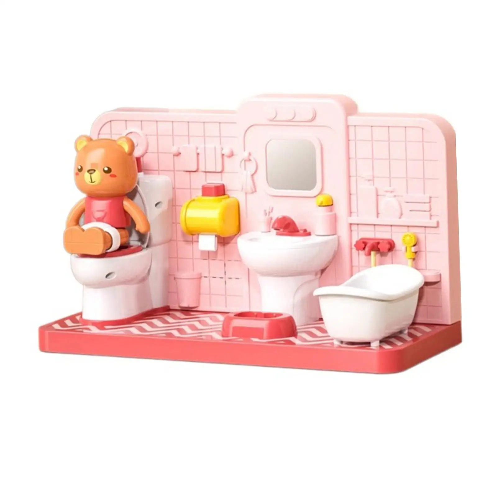 

Dollhouse Bathroom Furniture Set Miniature Toilet Toy with Bear Restroom Accessories Dollhouse Playsets for Children
