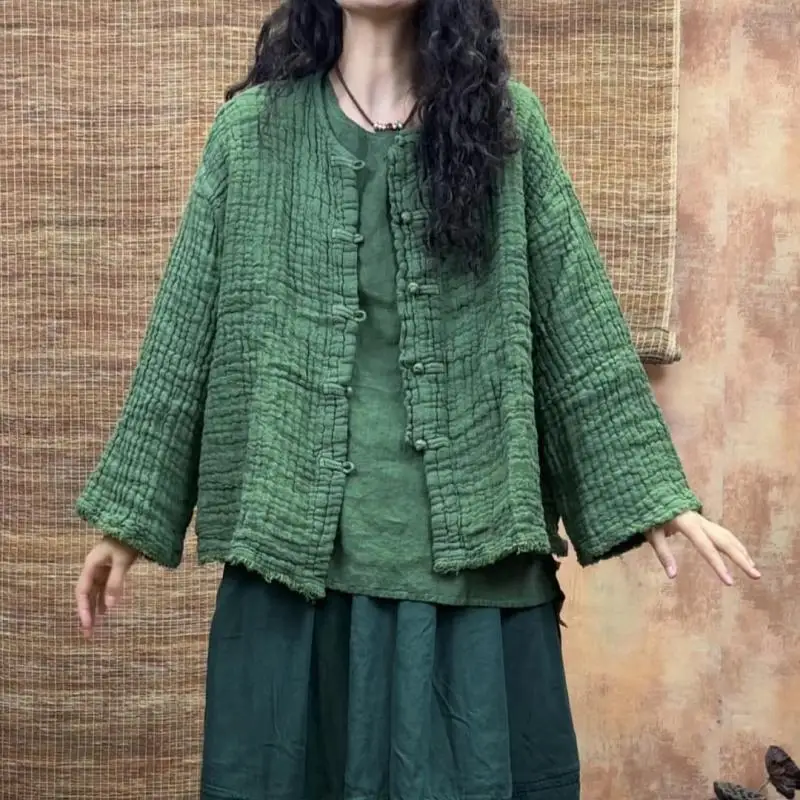 

New Arrival 2025 Autumn Arts Style Women Loose O-neck Single Breasted Jackets High Quality Vintage Pleat Cotton Linen Coats F179