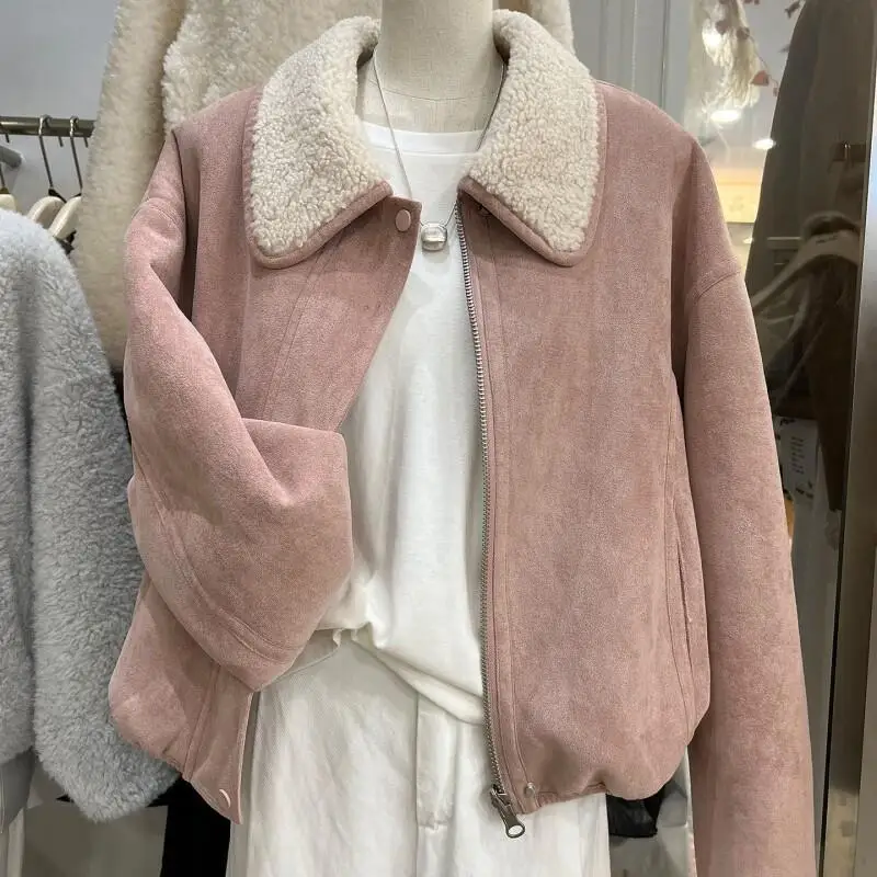 

Женская стеганая куртка на осень и зиму, искусственная замша, овечья шерсть, куртка с воротником-стойкой, пальто для женщин, плотная теплая зимняя верхняя одежда