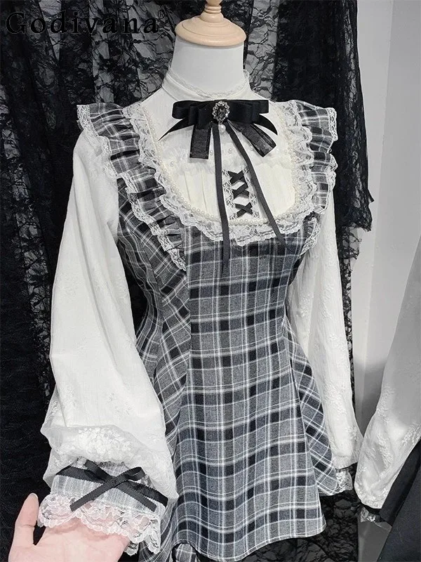 

Japanese Original Gray Plaid Mass-Produced Long-Sleeve Lolita Dress Set Lace Pearl Lolita Girl Style Commuting Two-Piece Set