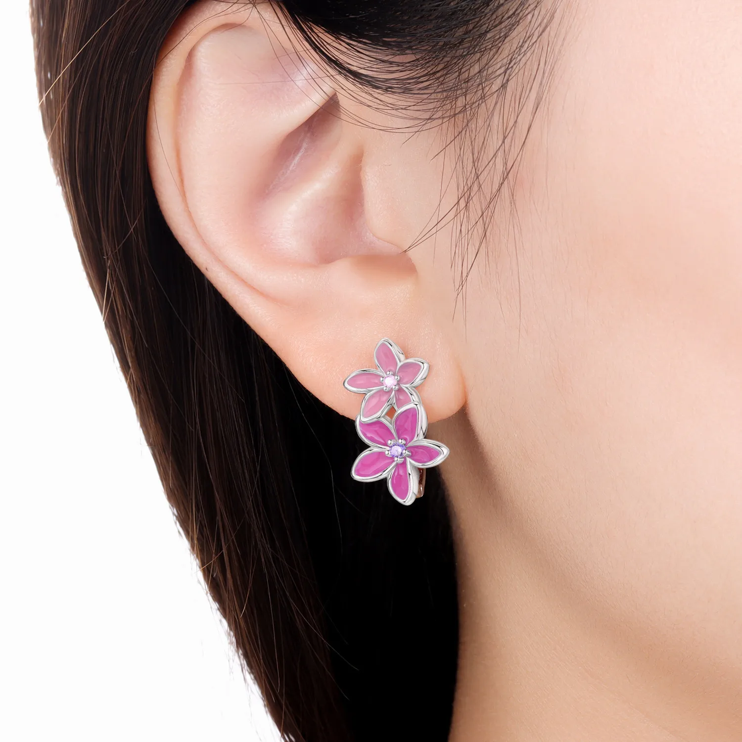 القرط الأصلي S925 فضة الوردي زهرة النبات أقراط زهر البرقوق الأخضر ورقة القرط الذكرى غرامة هدية الإكسسوار #4