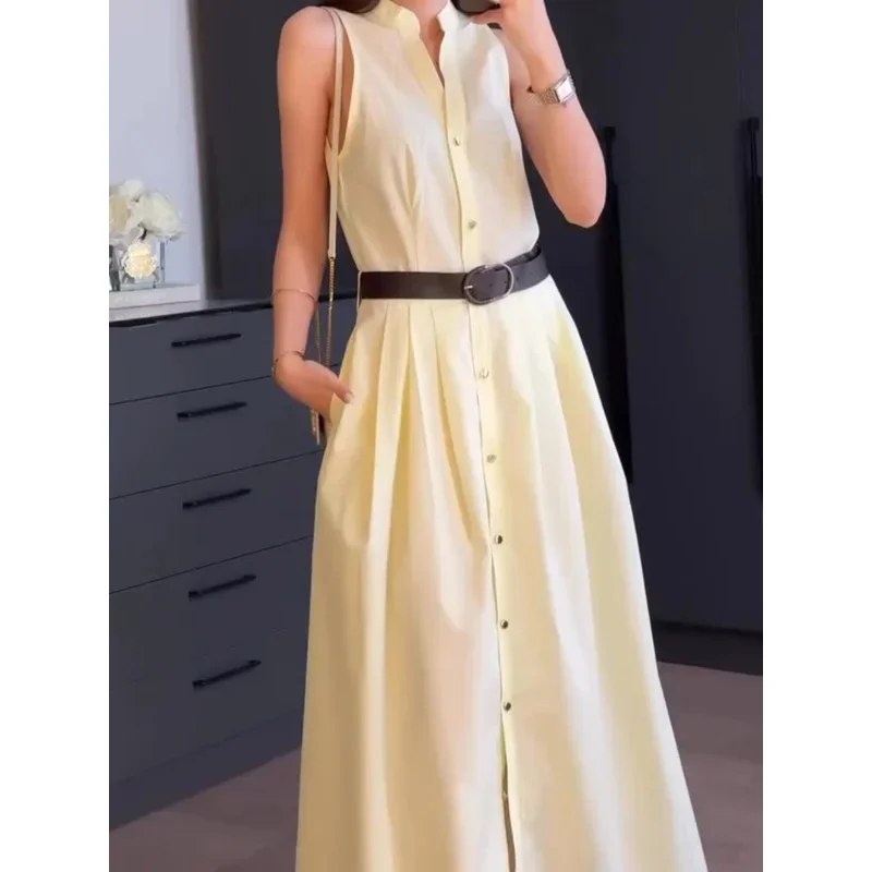 

Women's Solid Color Sleeveless round Neck Casual Fashion Dress Single-Breasted Drape Belt Pleated Design Commuter Dress