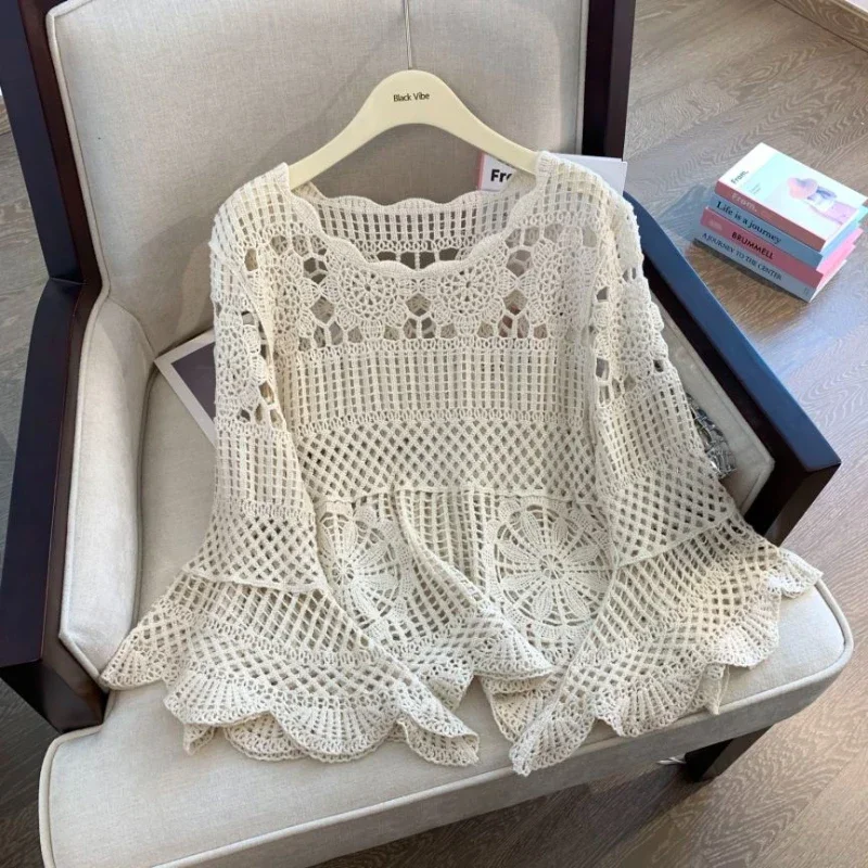 REALEFT Summer Lace Crochet Women\'s White Shirts 2024 New Hollow Out Beach Bohemian Long Sleeve Knitted Tops Female