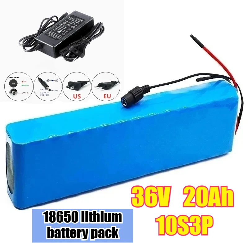 36V-10S3P 20Ah High-capacity 18650 Lithium Battery Pack, 42V Charger, Electric Vehicle Battery