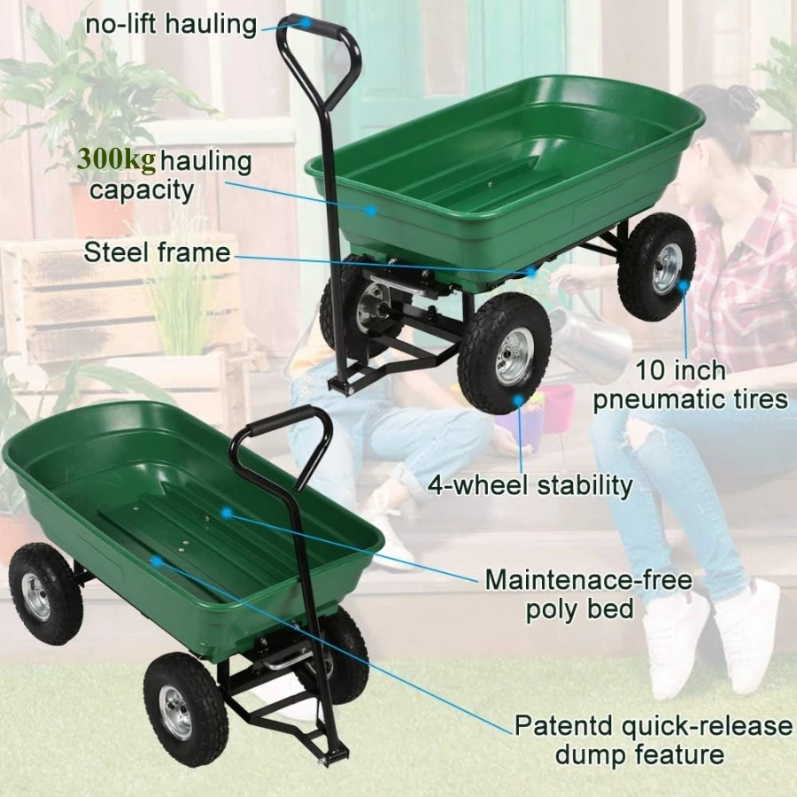 Garden Dump Cart, Heavy Duty Utility, Outdoor Lawn, Yard, Wagon Carrier with Sturdy Steel Frame, Wheelbarrow, 200kg Capacity