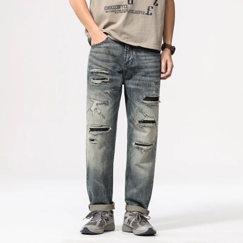 

BYCL903 American retro tide heavy wash new loose versatile personalised holes patch Harlan jeans men