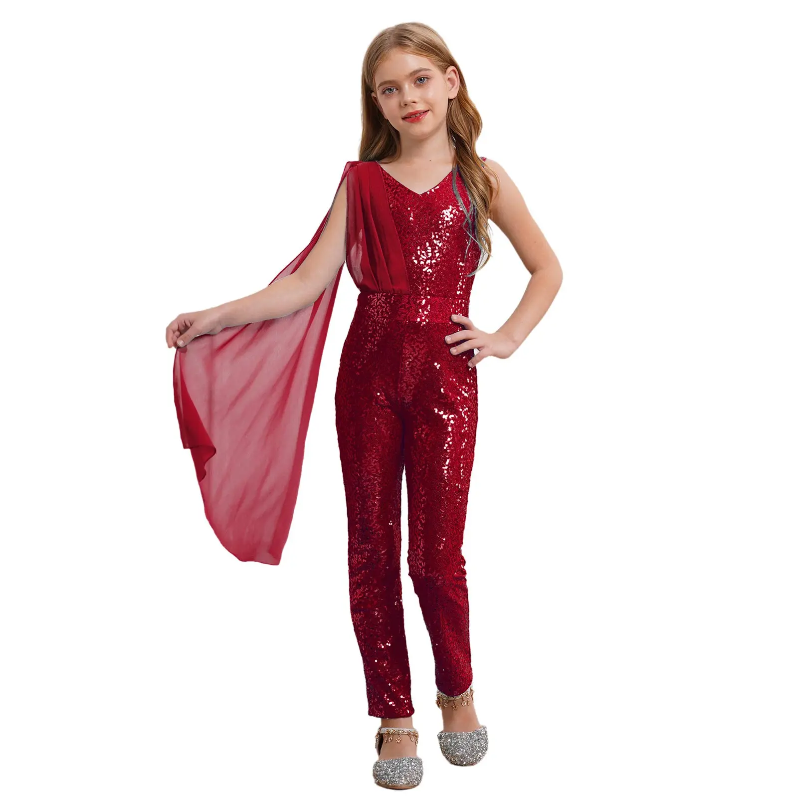 

Kid Girls Sequin Jazz Dance Jumpsuit Sleeveless Chiffon Shawl Bodysuit for Wedding Birthday Party Pageant Prom Stage Performance