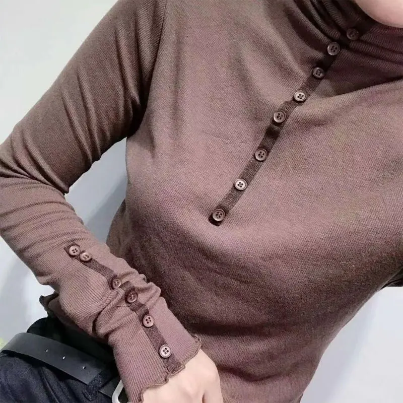 

Autumn Winter Basic Solid Color T-shirt Women's Clothing Half High Collar Stylish Button Casual Long Sleeve Folds Slim Pullovers